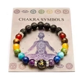 Handmade 7 Chakra natural stone healing bracelet with lava beads and OM symbol on display card - Lava Stone + Double 7 Chakra