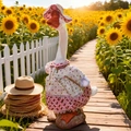 Garden goose sculpture in a floral dress and matching sun hat against sunflower background - Floral Pastoral Skirt