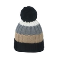 Detail of multi-color striped knit beanie with black pompom and thick ribbed texture - M(56-58cm) / Black Brown Grey White Multi (E)