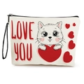 White canvas cat makeup bag with LOVE YOU print and black zipper closure - Love Heart Cat Style (SN-493)
