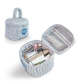 Grey quilted heart makeup bag with large capacity storage in closed and open views - Barrel Bag / Silver/Blue Heart