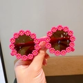 Pink daisy floral children sunglasses with round frames and grey protective lenses - Rose Red