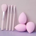 Pink makeup brush set with beauty blenders including powder brush and eye shadow tools - 4 Brushes + 3 Sponges