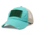 Close-up of distressed baseball hat with American flag patch and mesh back details - Adjustable / Lake Blue