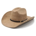 Classic khaki suede cowboy hat with black decorative band and golden metal buckle details - M (56-57cm) / Camel