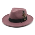 Classic dark pink felt fedora with black ribbon, gold buckle and natural feather accent - M (56-58cm) / Deep Purple