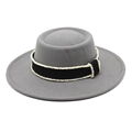 Detail of grey wool felt boater hat featuring elegant black ribbon and pearl bead trim - Light Gray