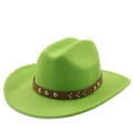 Detail of neon green wool fedora hat with brown leather band and silver studs - M (56-58cm) / Fruit Green
