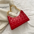 Quilted red leather baguette bag with decorative gold chain strap for women - Red