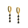 Detalle de aros dorados con circonitas negras micro-pave y de corte en forma de pera - Zirconia Todo Negro