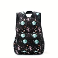 Black kids backpack with astronaut and galaxy cartoon print, durable oxford fabric - Black Space