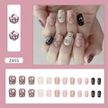 Short ballet press-on nails with pink, green, and black glitter designs and rhinestones - Sweet Spicy Style (Z855)