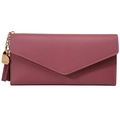 Women's long tri-fold wallet in dark pink lychee leather with heart tassel pendant - Fuschia