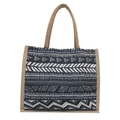 Sac fourre-tout en jute avec toile noire, motifs tribaux blancs et poignées naturelles - Style 1