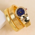 Golden snake-shaped wrap watch for women with blue dial and sparkling crystal bezel - Gold Blue Dial