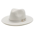 Detail of white woven sun hat with synthetic leather band and golden metal eyelets - M (56-58cm) / White