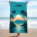 Hello Summer beach towel with sunset and palm trees pattern in teal and orange - B26-Hello Summer Sunset Palm