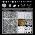 Macro detail of 12-slot nail art kit with resin flowers, pearls and metal butterflies - Hollow Metal Patch Mix Style (ZB132-5)