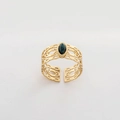 Anello vintage in acciaio placcato oro 18K con turchese verde e design traforato - Oro Cavo Intarsiato con Pietra Preziosa Verde Scuro (SR21022318)