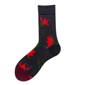 Mid-calf cotton sock in dark grey featuring red floral patterns and burgundy toe detail - Dark Gray Red Floral Pattern (1351C)