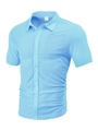 Close-up of sky blue knit polo shirt with detailed jacquard texture and collar tag - Light Blue