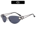 Y2K rimless cat eye sunglasses with dark lenses and heart-shaped metal temples - Gunmetal Frame Grey Lens