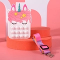 White unicorn silicone fidget toy bag for kids with rainbow bubbles and pink heart strap - Large 13x21x4cm / White