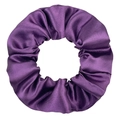 Macro shot of large purple satin scrunchie showing glossy texture and fabric folds - Dark Violet