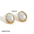Oval gold plated stainless steel earrings with white shell inlay and wavy textured border - Pearl White Style (TE60326-DWT)