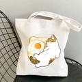 Kawaii cat print canvas tote bag featuring calico cat on toast illustration - Calico Cat on Toast and Egg