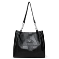 Große schwarze PU-Leder Shopper Tasche mit Kettenriemen und Vintage-Patchwork - Schwarz