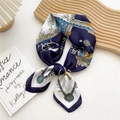 Navy blue baroque silk scarf with gold vintage patterns on a wooden tray decor - 70cm / Navy Equestrian Carriage