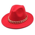 Detailed close-up of a red fedora hat featuring a chunky gold chain accessory on felt - M (56-58cm) / Red