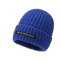 Royal blue knitted beanie with a black unique patch and thick ribbed texture design - One Size / Royal Blue