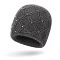 Gorro de punto gris oscuro con patrón de diamantes y perlas elegantes para invierno - Gris