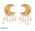 Gold plated stainless steel crescent moon earrings with five dangling white pearls - Crescent Pearl Earrings / Gold/White