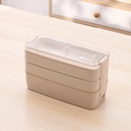 Three-layer 900ml eco-friendly beige lunch box with built-in utensils on wooden table - Triple Layer-Beige (900ml)-Heat Shrink Film