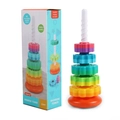 Giocattolo torre arcobaleno con cinque anelli rotanti, base arancione e confezione - Torre Girevole a 5 Anelli Arcobaleno (Scatola a Colori)
