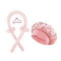 Pink silk heatless hair curler set with matching sleep cap, hair ties and clip - Bonnet + Curler + 2 Scrunchies + 1 Clip / Pink