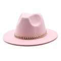 Pink wool jazz hat with elegant wide brim and decorative gold chain accessory - M (56-58cm) / Pink