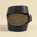 Zwarte vintage lederen riem voor dames met ovale gebloemde gegraveerde koperen gesp - Stijl 19692 / Groot (111cm) / Brons Zwart