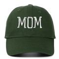 Detailed close-up of white MOM embroidery on a dark green cotton baseball cap - Adjustable / MOM Embroidery / Army Green