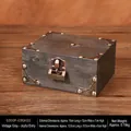Vintage gray wooden jewelry storage box with antique bronze lock and engraved patterns - Square Retro Gray - Xilinmen Lock