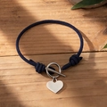Navy blue braided rope couple bracelet with silver heart charm and toggle clasp - Royal Blue Braided Rope - OT Buckle - Heart Pendant