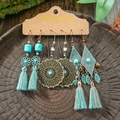 Bohemian vintage 3-piece earring set with turquoise beads and colorful cotton tassels - Hollow Disc Geometric Tassel Style (HQEF-1687)