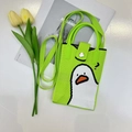 Detail of neon green knit phone bag with white cartoon duck and long shoulder strap - Green Goose-Cartoon