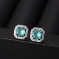 Elegant square stud earrings with teal green zircon stone and silver finish frame - Light Green