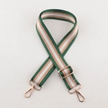 Adjustable crossbody canvas bag strap with green white and brown stripes and gold clips - A31 Stripe Gold Silk
