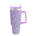 Sparkling purple rhinestone 40oz stainless steel tumbler with handle and straw on white back - 1200ml (40oz) / Purple