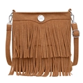 Brown suede shoulder bag featuring long tassels and circular silver metal E logo - Yellow Brown